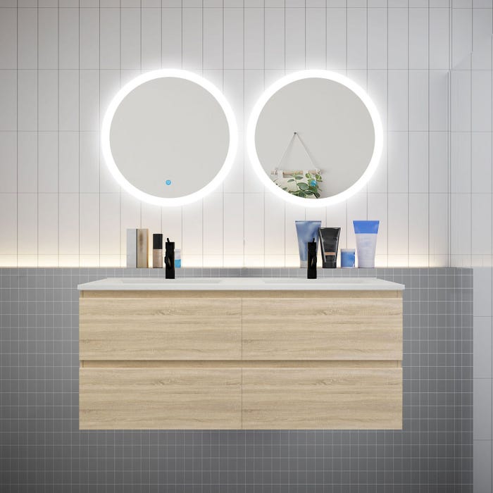Ensemble meuble double vasque L.120cm 4 tiroirs + lavabo + 2 LED miroirs rond 60cm,chêne，aica