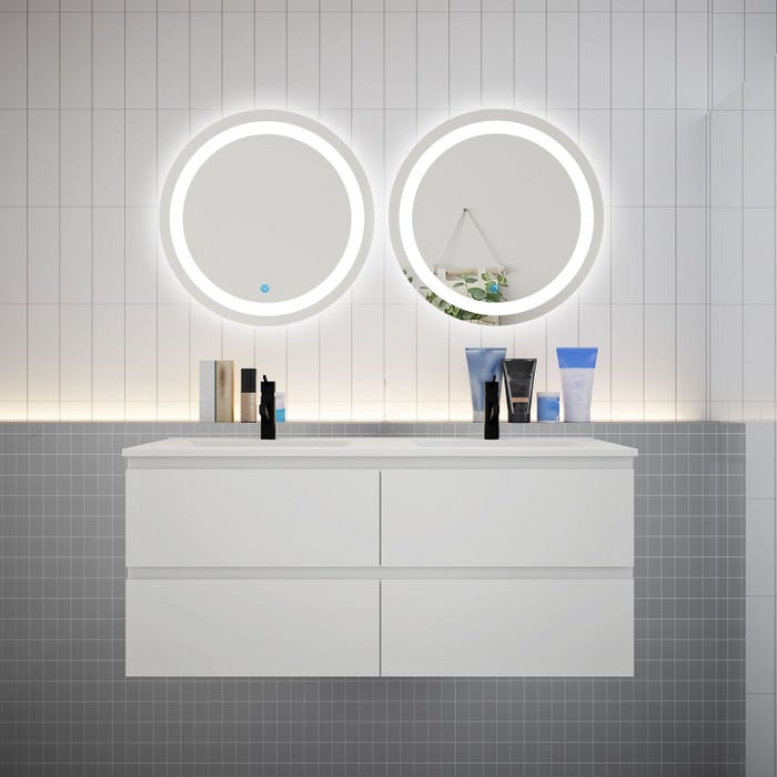 Ensemble meuble double vasque L.120cm 4 tiroirs + lavabo + 2 LED miroirs rond 60cm,blanc,aica sanitaire