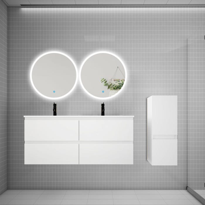 Ensemble meuble double vasque L.120cm 4 tiroirs + lavabo + 2 LED miroirs rond 60cm + colonne,blanc