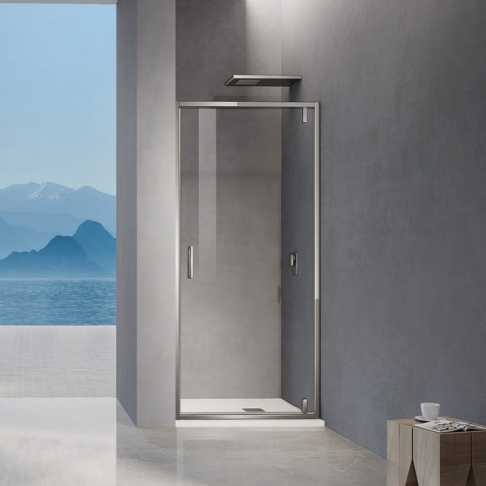GRAND VERRE Porte de douche pivotante 76x195 avec profilés chromés ouverture 180° pour installation en niche