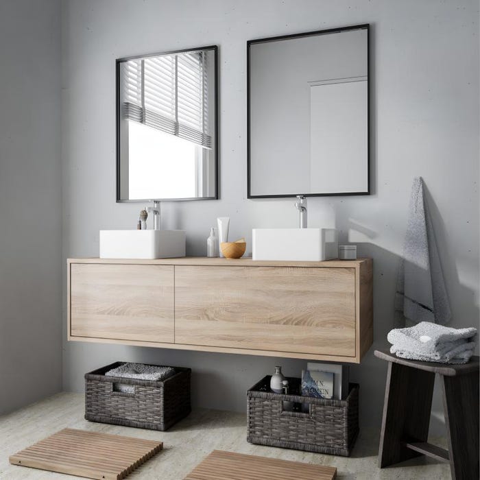Meuble de salle de bain suspendu coloris naturel clair avec double vasque - L150 cm - ISAURE II