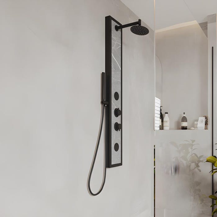 Colonne de douche hydromassante noire avec décor pierre - H127 x L48,5 cm - LETIYA