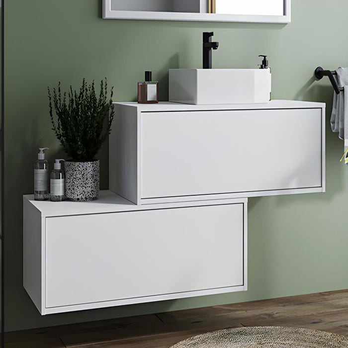 Meuble de salle de bain suspendu blanc avec simple vasque carrée et deux tiroirs - 94 cm - TEANA II