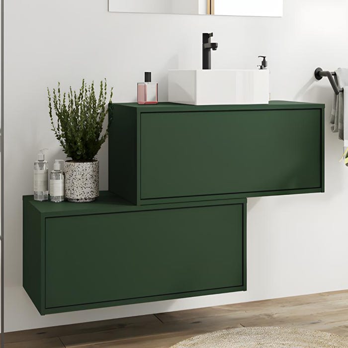 Meuble de salle de bain suspendu vert mat avec simple vasque carrée et deux tiroirs - 94 cm - TEANA II