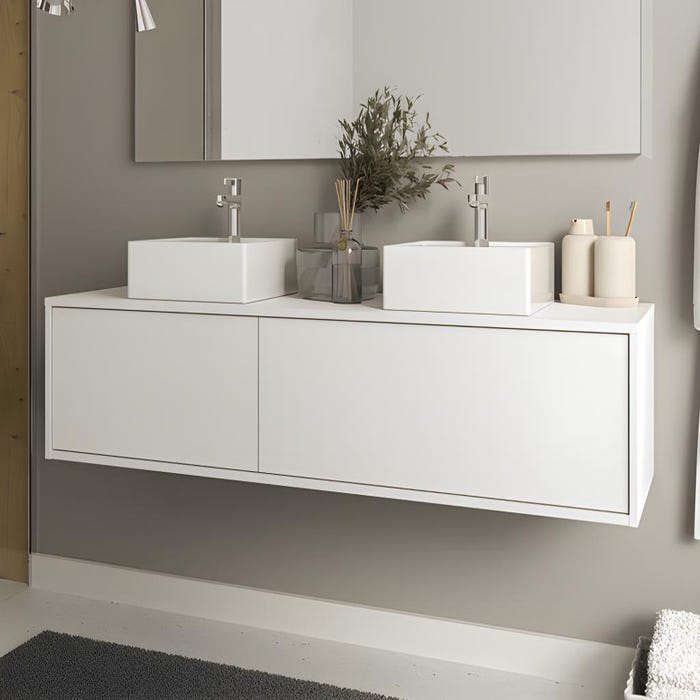 Meuble de salle de bain suspendu blanc avec double vasque - L150 cm - ISAURE II