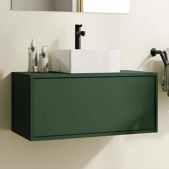 Meuble de salle de bain suspendu vert mat avec simple vasque carrée - 94 cm - TEANA II
