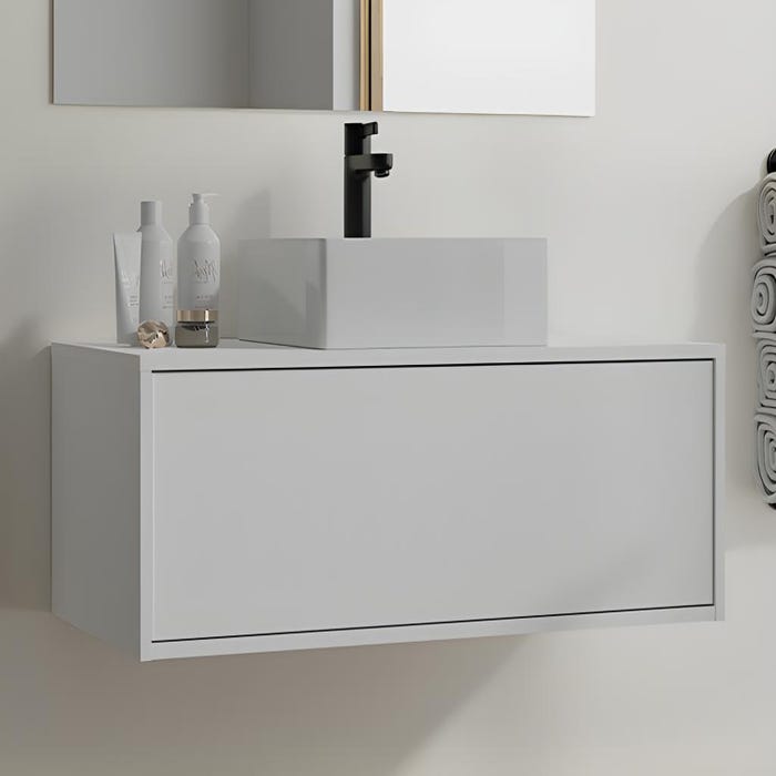 Meuble de salle de bain suspendu blanc avec simple vasque carrée - 94 cm - TEANA II