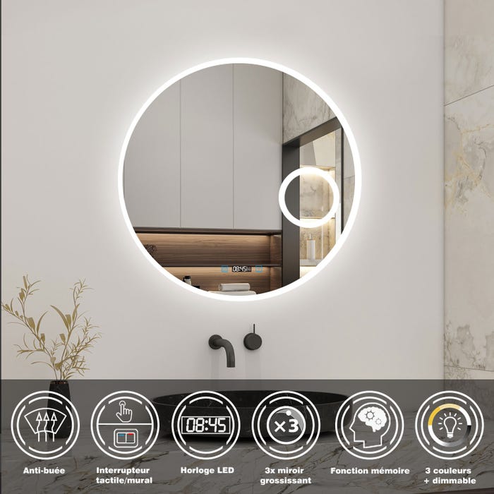 AICA LED miroir lumineux 3 couleurs tactile horloge + loupe + anti-buée + dimmable + mémoire 70x70cm miroir salle de bain rond
