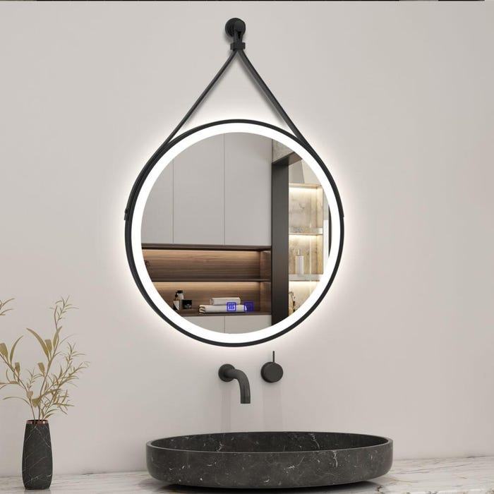 AICA LED miroir lumineux 60cm 3 couleurs tactile + anti-buée + dimmable + mémoire,avec ceinture en cuir amovible miroir salle de bain rond,noir