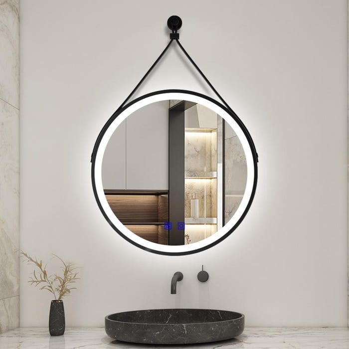 AICA LED miroir lumineux 80cm 3 couleurs tactile + anti-buée + dimmable + mémoire,avec ceinture en cuir amovible miroir salle de bain rond,noir