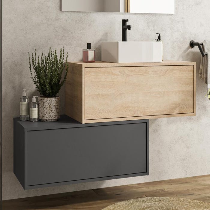 Meuble de salle de bain suspendu naturel clair et anthracite avec simple vasque carrée et deux tiroirs - 94 cm - TEANA II