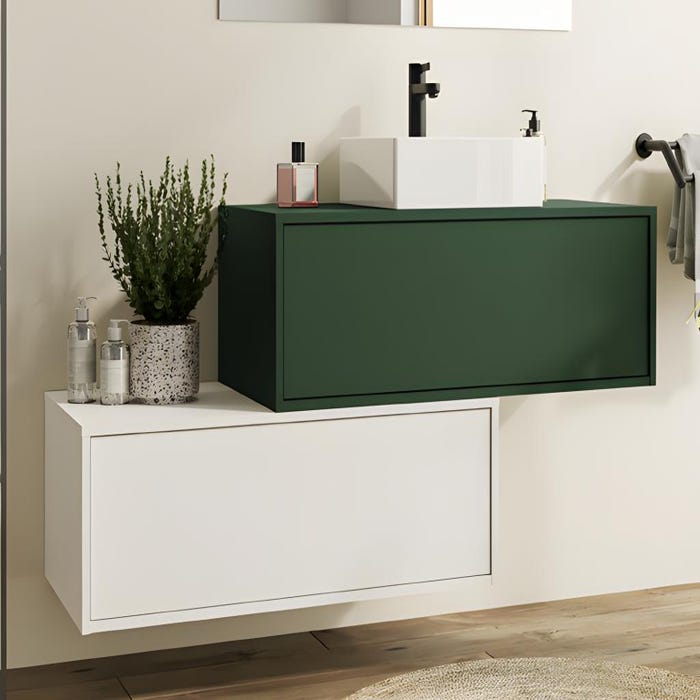 Meuble de salle de bain suspendu vert et blanc avec simple vasque carrée et deux tiroirs - 94 cm - TEANA II