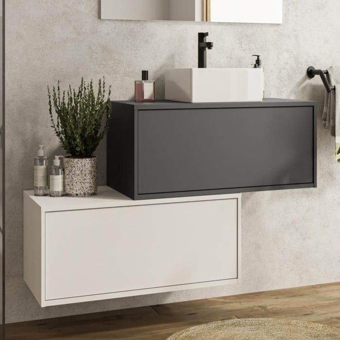 Meuble de salle de bain suspendu gris anthracite et blanc avec simple vasque carrée et deux tiroirs - 94 cm - TEANA II
