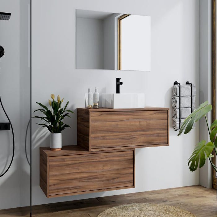 Meuble de salle de bain suspendu naturel foncé avec simple vasque carrée et deux tiroirs - 94 cm - TEANA II