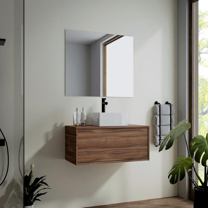 Meuble de salle de bain suspendu coloris naturel foncé avec simple vasque carrée - 94 cm - TEANA II