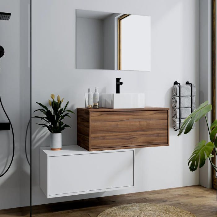 Meuble de salle de bain suspendu naturel foncé et blanc avec simple vasque carrée et deux tiroirs - 94 cm - TEANA II