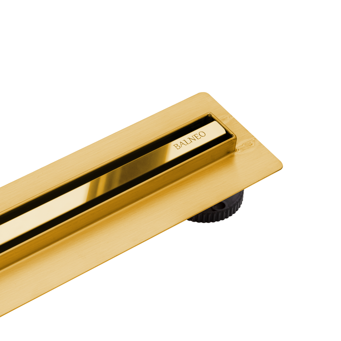 Balneo Caniveau de douche Slim en Acier Inox 70cm, finition miroir doré, avec Siphon rotatif, Slim&Low ProLine