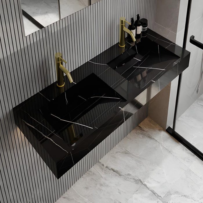 Double vasque suspendue en solid surface effet marbre noir - L120.2 x l45.2 x H8 cm - TAKOTNA