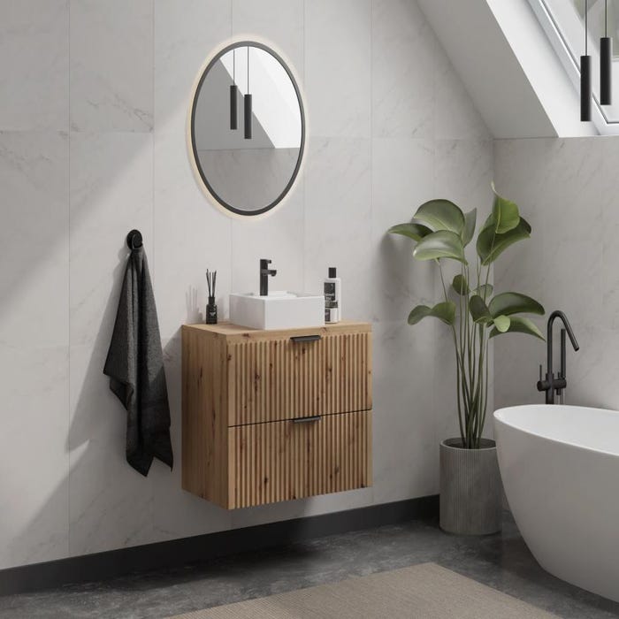 Meuble de salle de bain suspendu strié avec vasque à poser - Naturel clair - L80 cm - ZEVARA