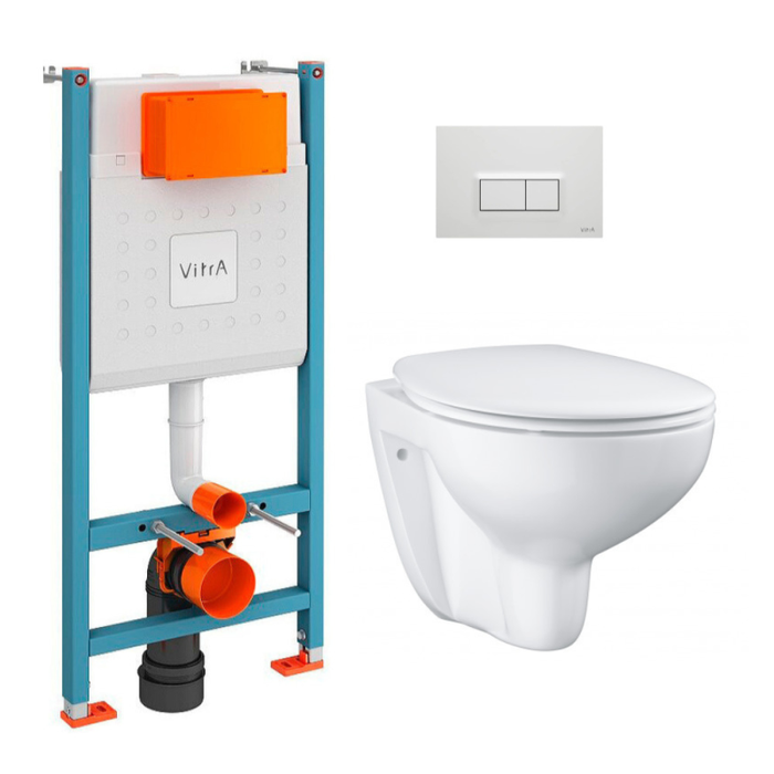 Vitra Pack WC Bâti-support V-Fix + WC Grohe Bau Ceramic sans bride + abattant softclose + Plaque, Blanc Brillant (V-FixBau-1)