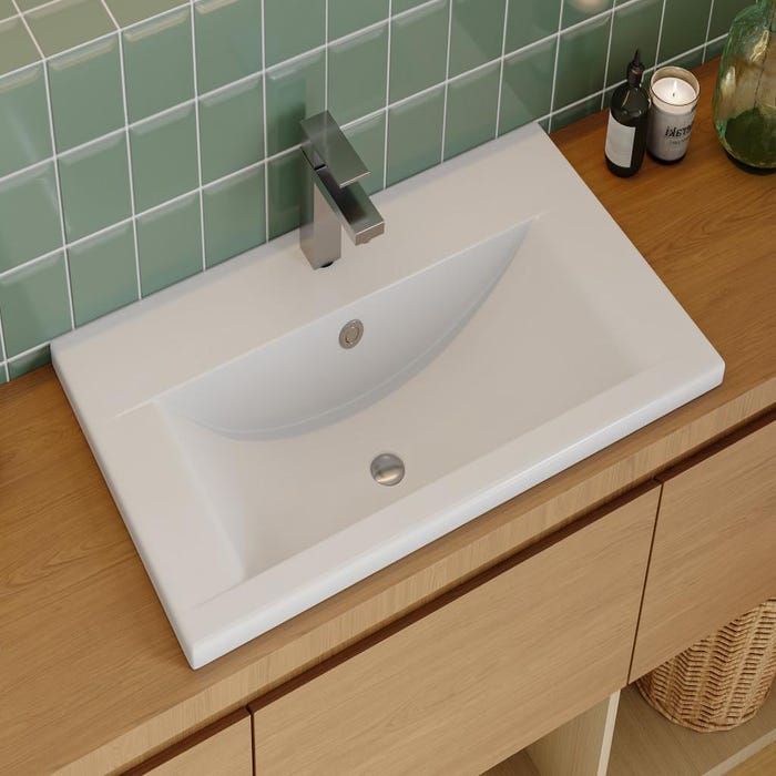 Vasque de salle de bain semi-encastrée rectangle en céramique - 71,5 cm - Blanc - YASMAC II
