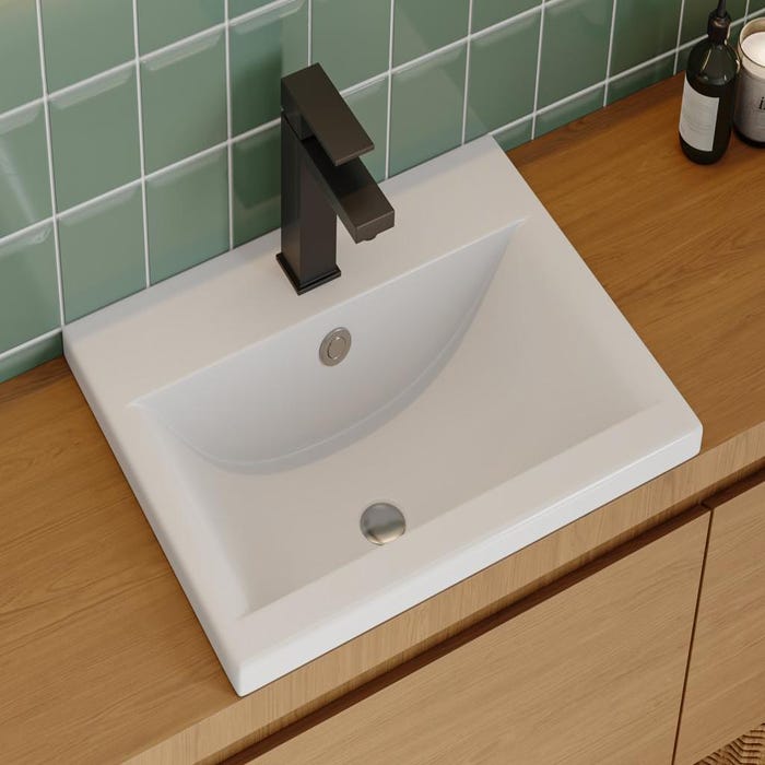 Vasque de salle de bain semi-encastrée rectangle en céramique - L51,5 cm - Blanc - YASMAC II