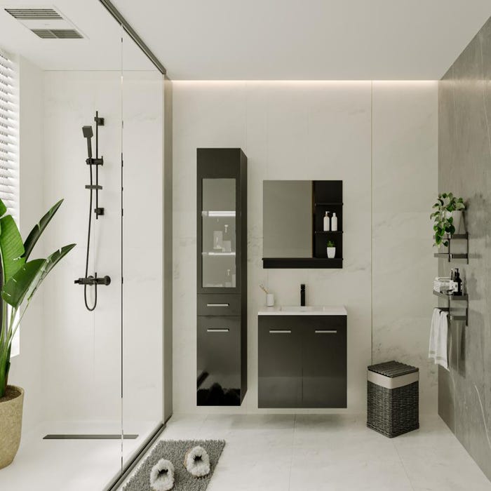 Colonne de salle de bain avec Leds blanches - Coloris noir - L30 x l30 x H132 cm - LAURINE II