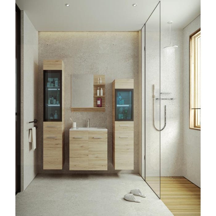 Colonne de salle de bain avec Leds blanches - Coloris naturel clair - L30 x l30 x H132 cm - LAURINE II