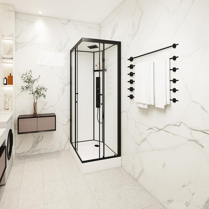 Cabine de douche hydromassante carrée - Noir mat et blanc - L90 x l90 x H215 cm - TANITO