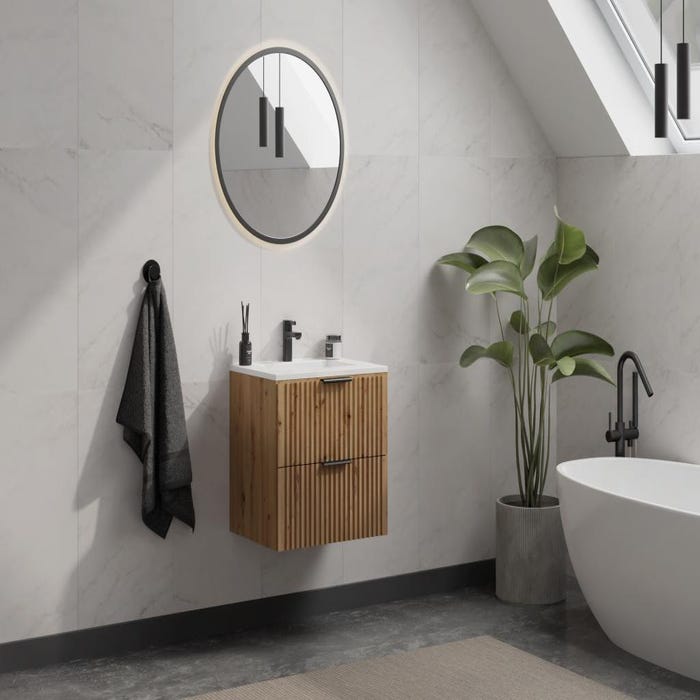 Meuble de salle de bain suspendu strié avec vasque à encastrer - Naturel clair - 60 cm - ZEVARA