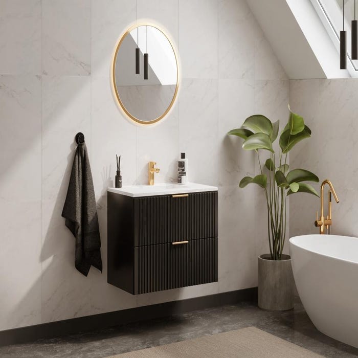 Meuble de salle de bain suspendu strié avec vasque à encastrer - Noir - 80 cm - ZEVARA
