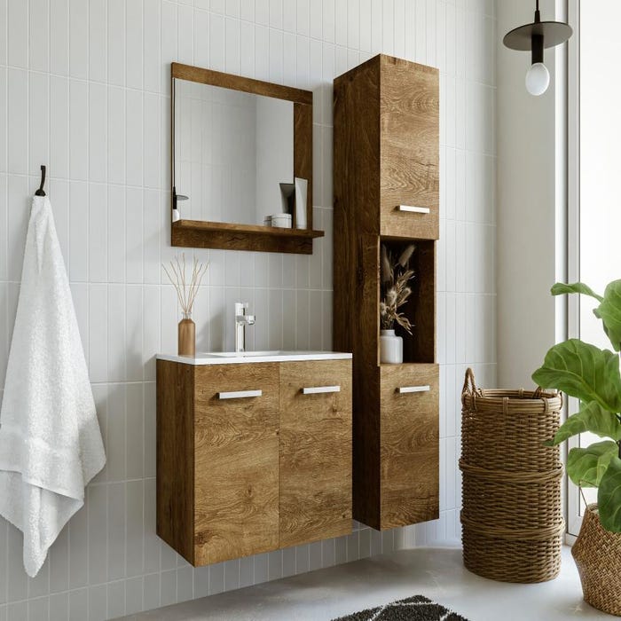Colonne de salle de bain suspendue effet bois avec niche de rangement - L30 x P30 x H133 cm - MIELA II