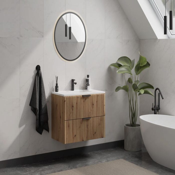 Meuble de salle de bain suspendu strié avec vasque à encastrer - Naturel clair - 80 cm - ZEVARA