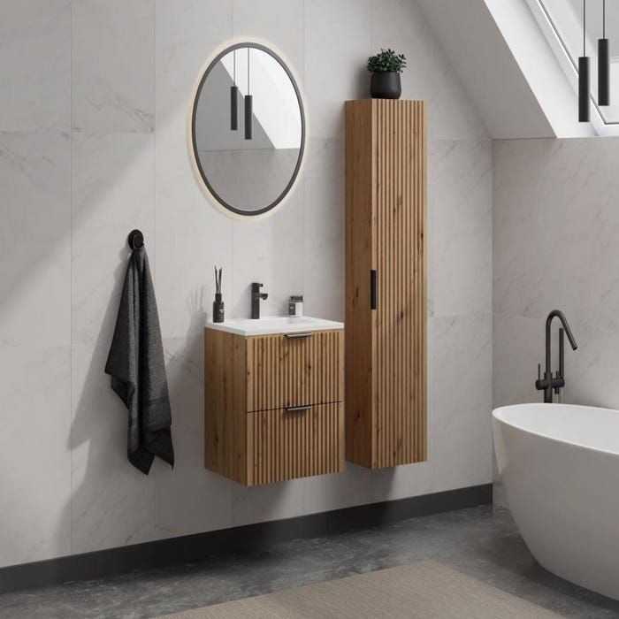 Meuble de salle de bain strié avec vasque à encastrer et colonne - Coloris naturel clair - 60 cm - ZEVARA
