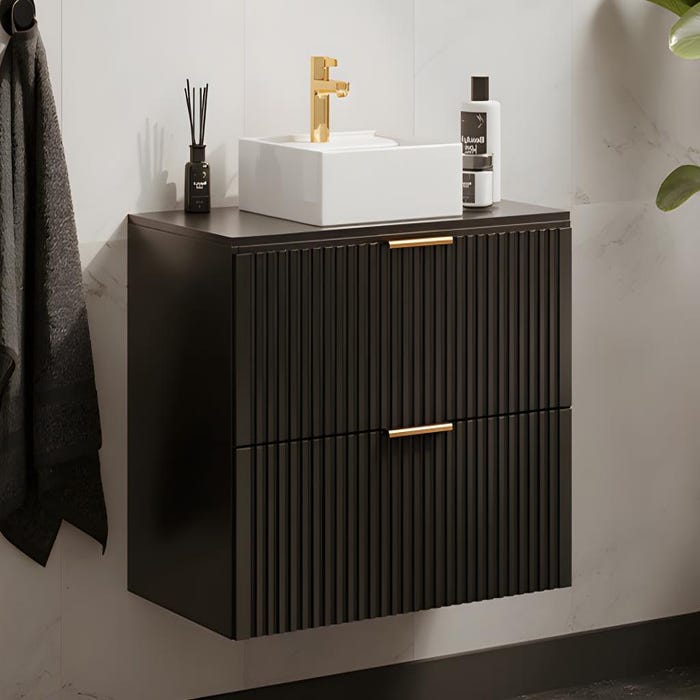 Meuble de salle de bain suspendu strié avec vasque à poser - Noir - 80 cm - ZEVARA