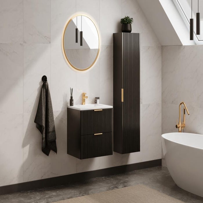Meuble de salle de bain strié avec vasque à encastrer et colonne - Noir - 60 cm - ZEVARA