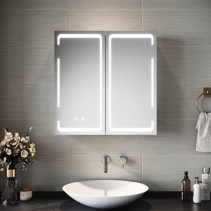 Armoire de toilette avec éclairage LED 3 couleurs, anti-buée Miroir de salle de bain avec armoire de rangement, commande tactile Blanc blanc 59x60cm