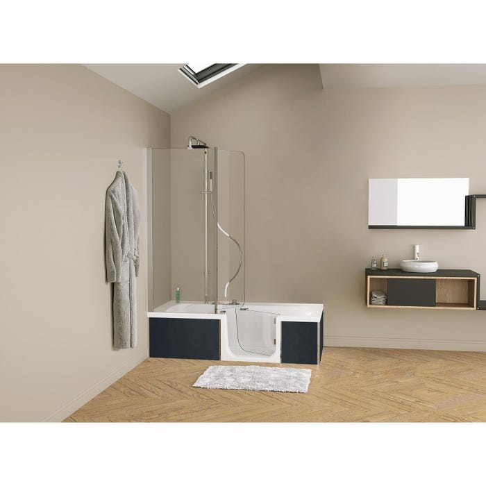 Baignoire à porte sur châssis métal, normes handicapé DUO Pack Design 2 160x75 pose en niche espace douche à droite tête bain à gauche tablier inclus