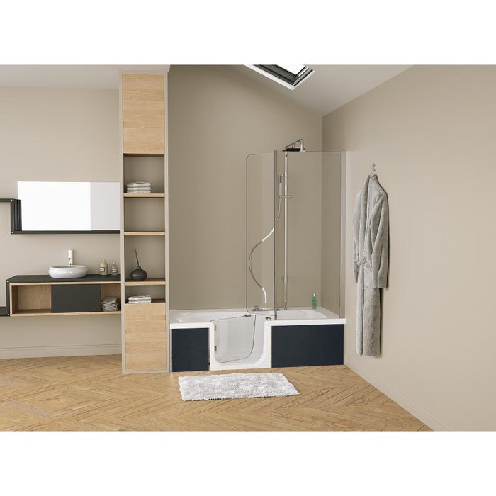 Baignoire à porte sur châssis métal, normes handicapé DUO Pack Design 2 160x75 pose en angle espace douche à gauche tête à droite tablier inclus