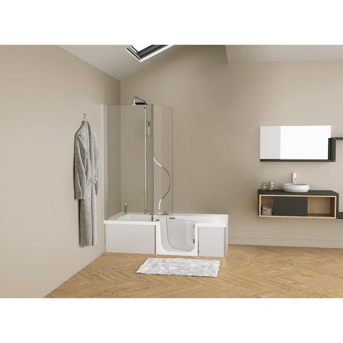 Baignoire à porte sur châssis métal, normes handicapé DUO Pack Design 3 180x80 pose en angle espace douche à droite tête bain à gauche