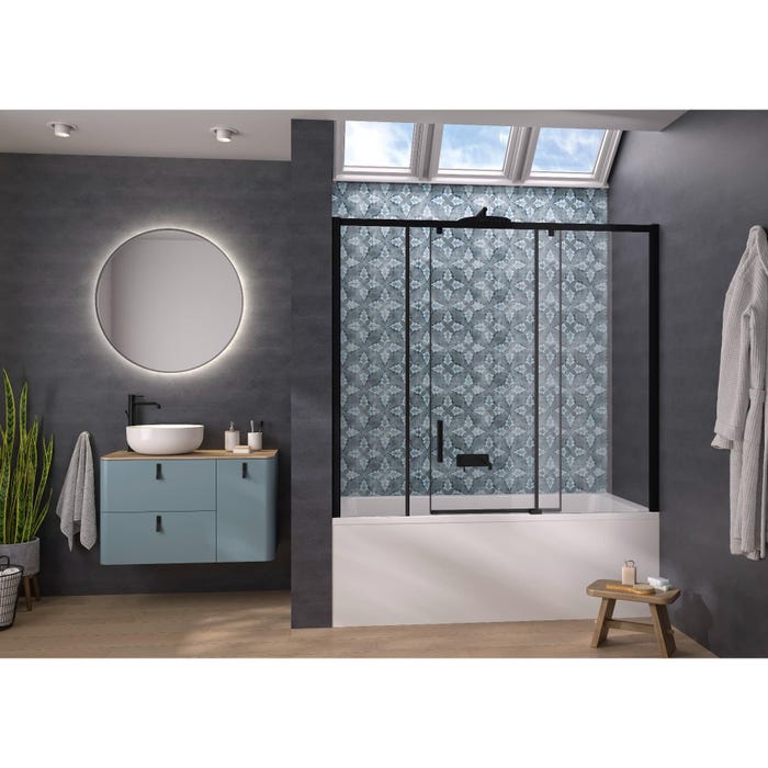 Pare-bain Smart Design Pegasus coulissant pose entre 2 murs 170x148 gris noir grainé verre transparent grande partie fixe à droite