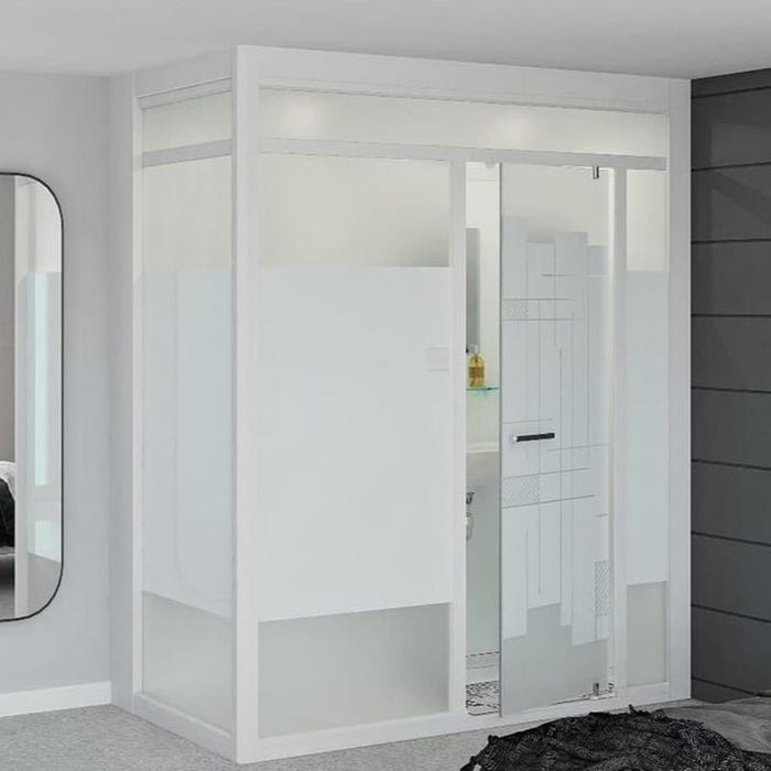 Salle de bain d'angle Kinedo MODULO Luxe 170x100 haute avec pompe douche à gauche, meuble vasque et sèche serviettes droite blanc verre blanc dépoli