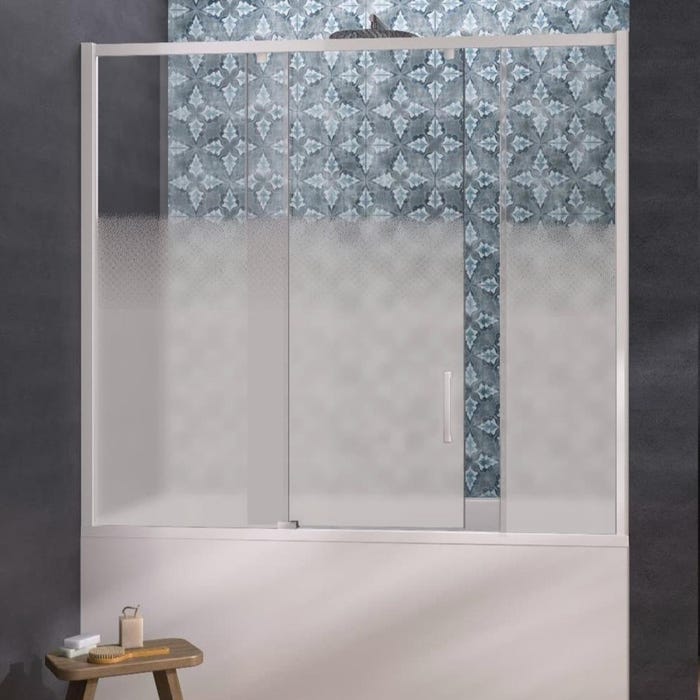 Pare-bain Smart Design Pegasus coulissant pose entre 2 murs 160x148 blanc verre sérigraphié cosmos grande partie fixe à gauche