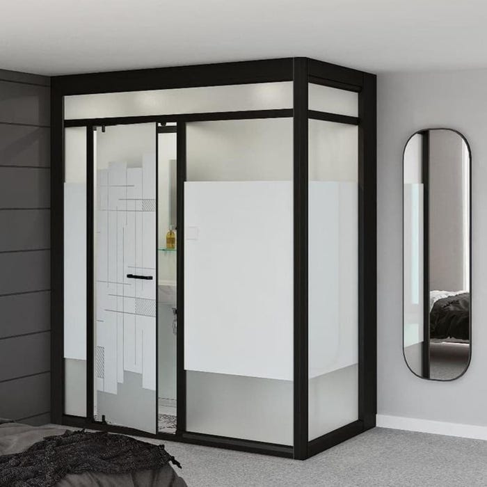 Salle de bain d'angle Kinedo MODULO Luxe 200x100 haute douche à droite, meuble vasque centré, WC et sèche serviettes à gauche noir verre blanc dépoli