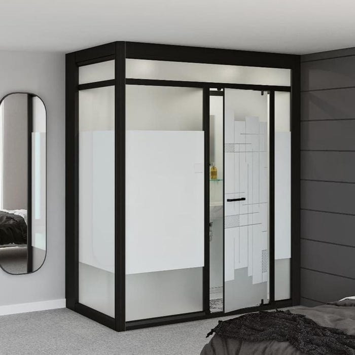 Salle de bain d'angle Kinedo MODULO Luxe 170x100 basse douche à gauche, meuble vasque et sèche serviettes à droite noir verre blanc dépoli