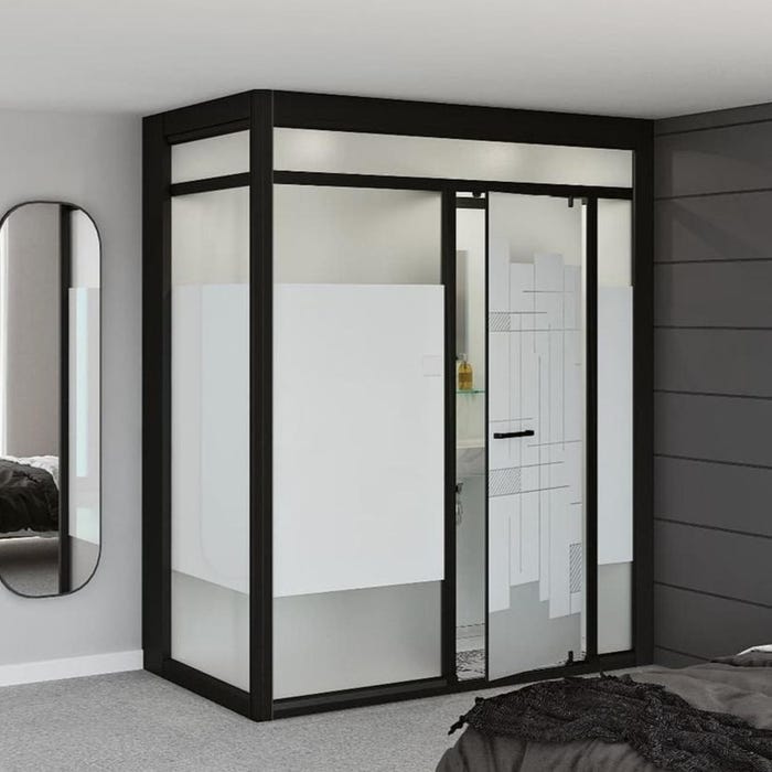 Salle de bain d'angle Kinedo MODULO Luxe 200x100 basse douche à gauche, meuble vasque, WC broyeur et sèche serviettes à droite noir verre blanc dépoli