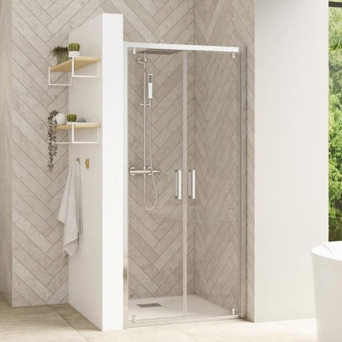 Porte de douche porte pivot. 2 vantaux SMART Design L 1,00 m H 2,05 m blancverre 6mm anti calcaire transparent