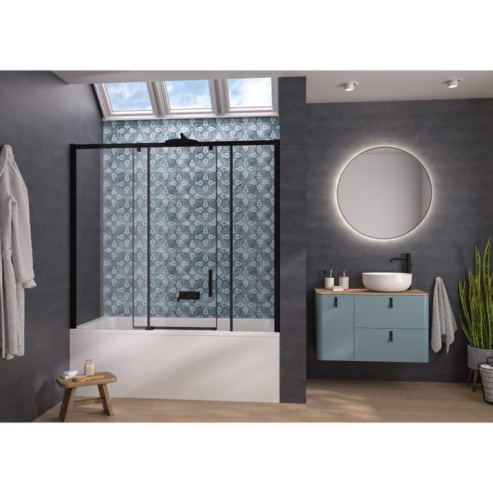 Pare-bain Smart Design Pegasus coulissant pose entre 2 murs 180x148 gris noir grainé verre transparent grande partie fixe à gauche