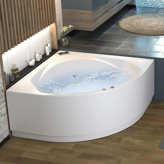 Baignoire balnéo d'angle OTEA 140x140 sur châssis métal, système balnéo STAR MIXTE DIGIT tête bain à gauche ou à droite