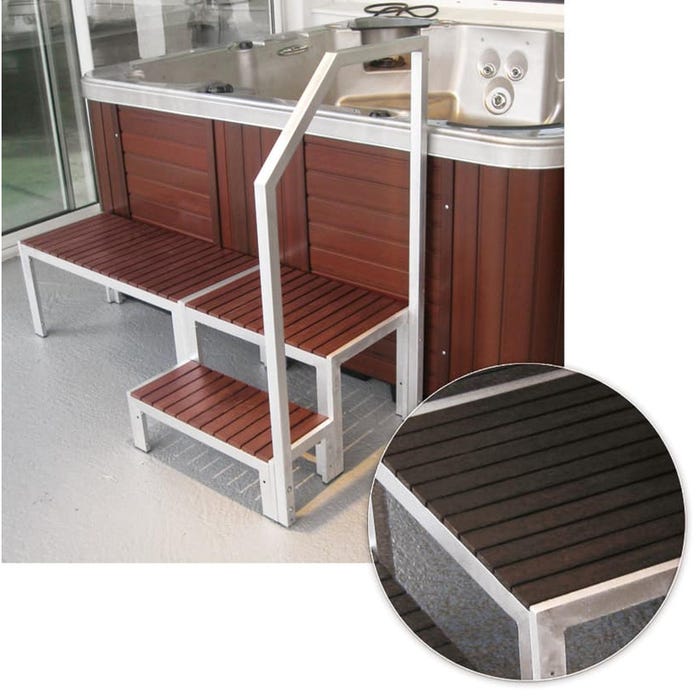 Pack confort pour SPA A600 composition : 1 rampe en ALU, 1 escalier et 1 banc en bois de synthèse couleur WENGE